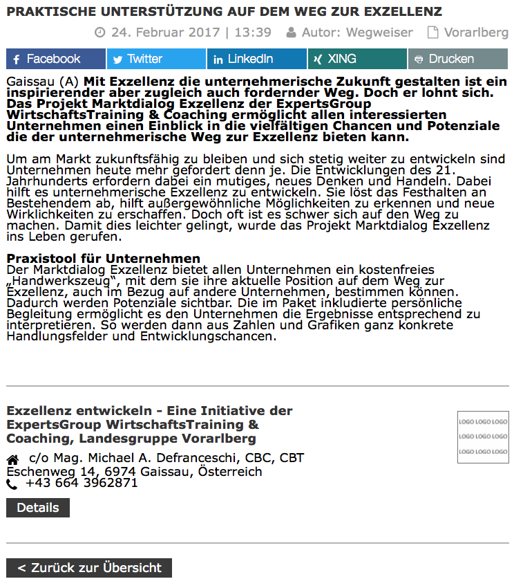 Presse Bericht Marktdialog Exzellenz Wirtschaftszeit.at 24.2.2017